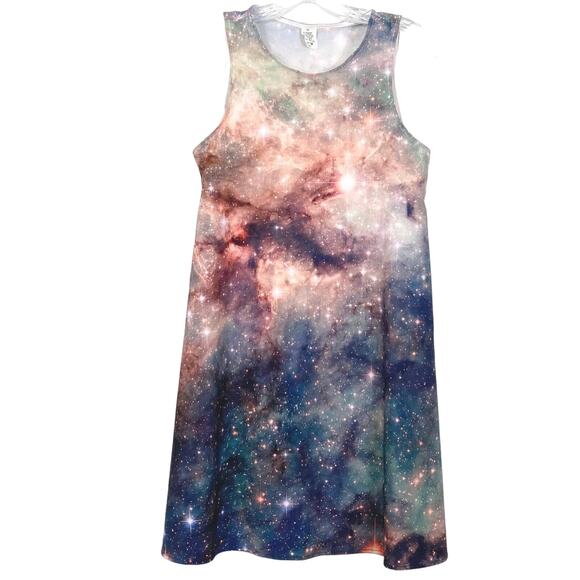 NWOT REDBUBBLE Dress XS Galaxy Print A Line Sleeveless Knee Stretch Pink Blue - Picture 1 of 5